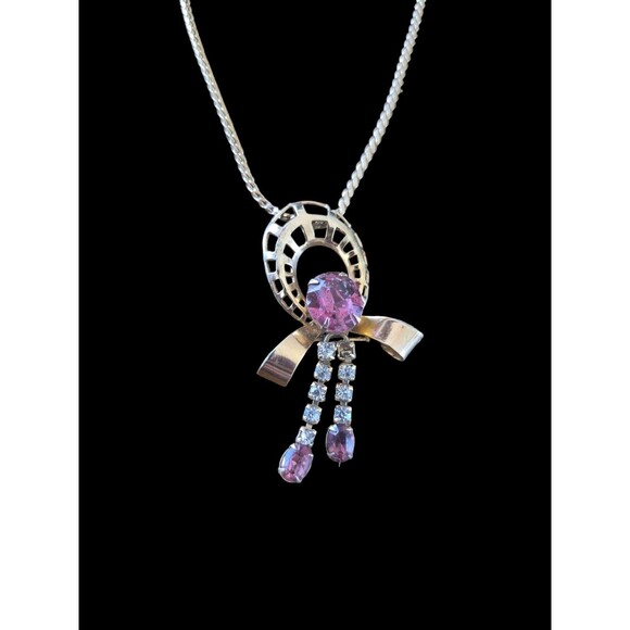 Vintage 1950s Signed SCITARELLI Pink & Crystal Rhinestone Bow Pendant Necklace - Picture 1 of 4